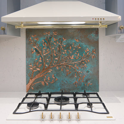 copper kitchen backsplash tile, tree branches, backsplash tile, green patina copper backsplash, tile mural, backsplash mural, copper tile, green tile, 