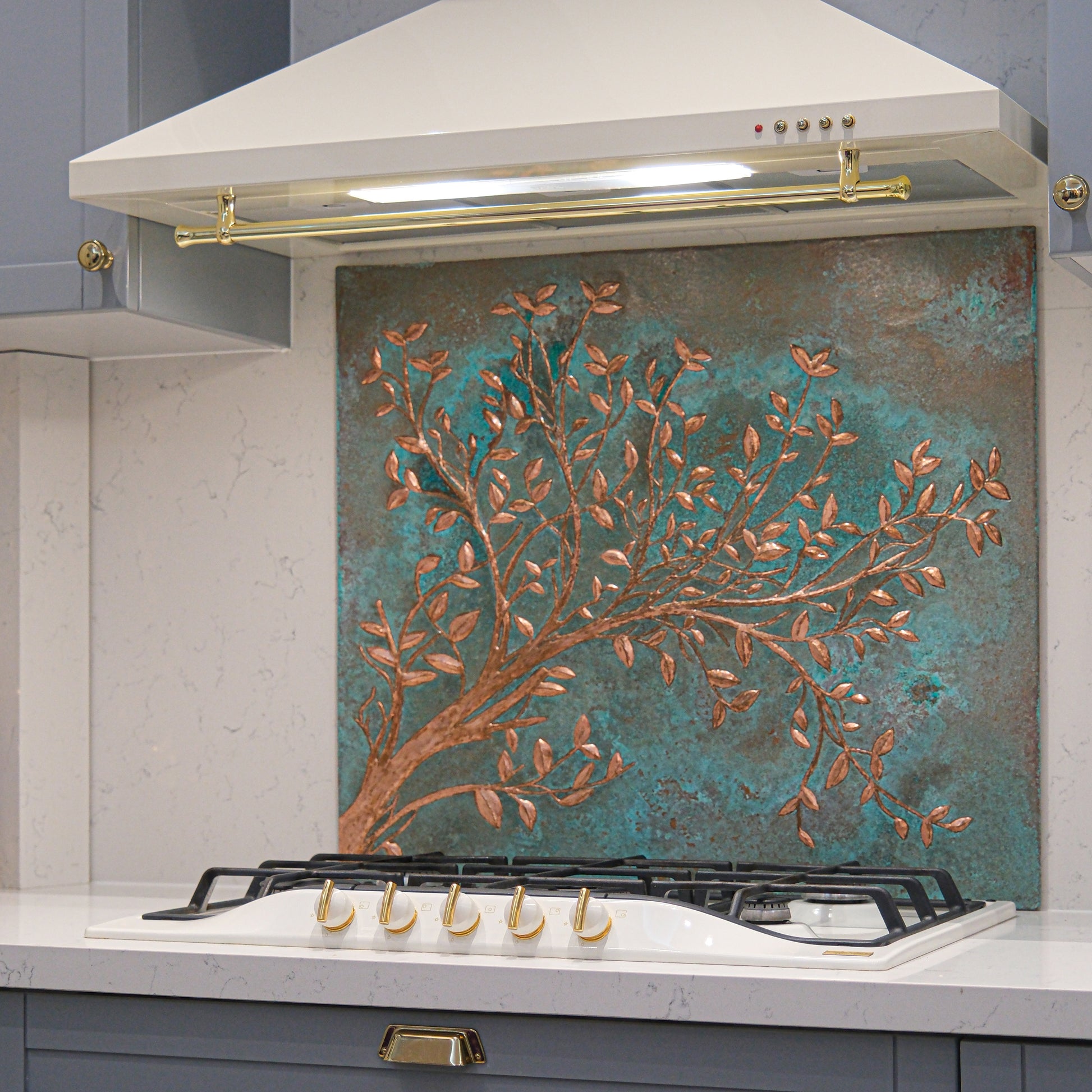 copper kitchen backsplash tile, tree branches, backsplash tile, green patina copper backsplash, tile mural, backsplash mural, copper tile, green tile, 