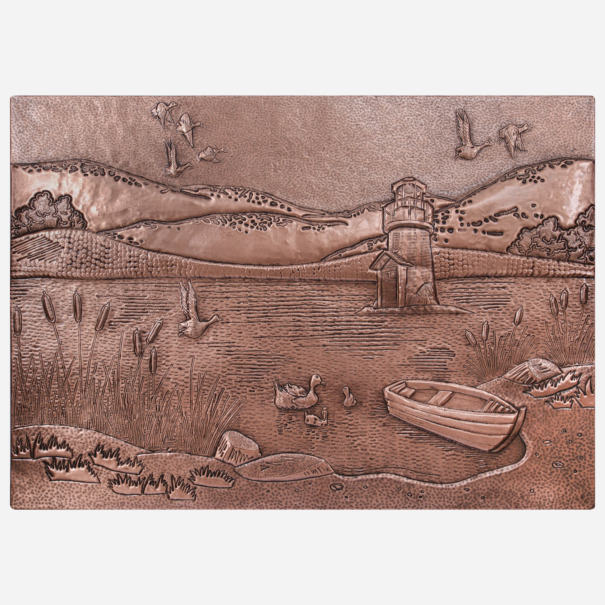 Copper Backsplash Panel (Lake, Mountains, Lighthouse, Boat and Ducks Landscape)