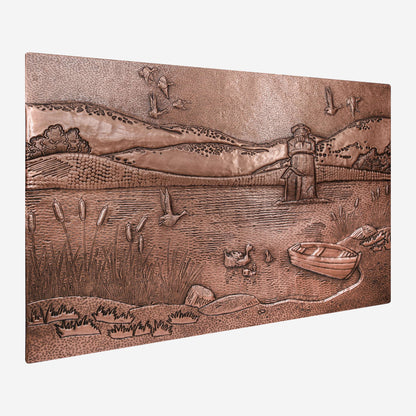 Copper Backsplash Panel (Lake, Mountains, Lighthouse, Boat and Ducks Landscape)