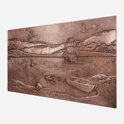 Copper Backsplash Panel (Lake, Mountains, Lighthouse, Boat and Ducks Landscape)