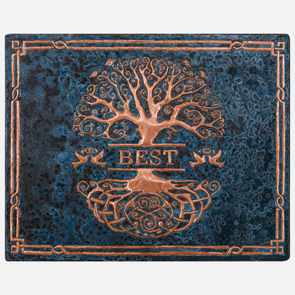 Copper Family Name Sign (Split Tree of Life, Dove and Robin Birds, Blue Patina)