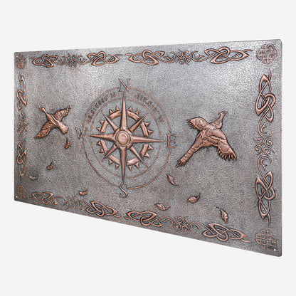 Copper Backsplash Panel (Compass with GPS Coordinates, Pheasant Birds, Celtic Border,  Silver&Copper Color)