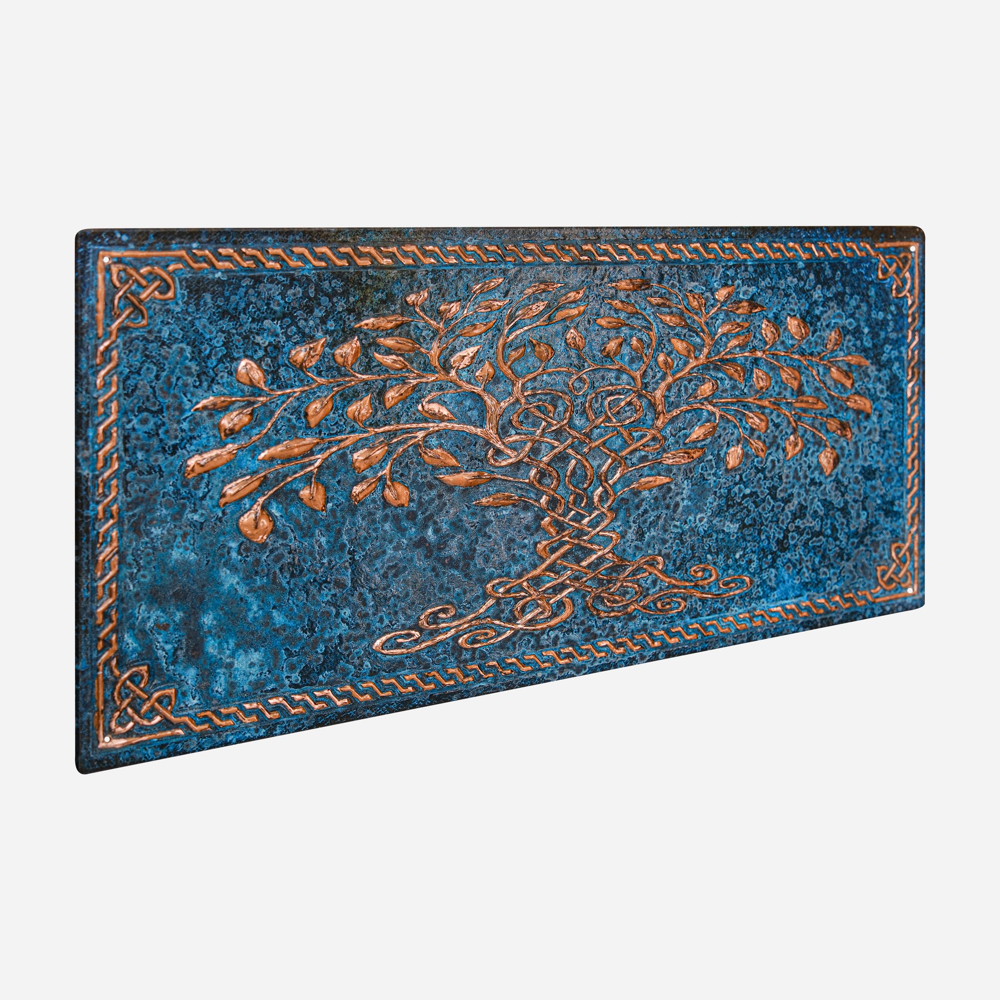 Copper Backsplash Panel (Celtic Tree of Life with Border, Blue Patina)