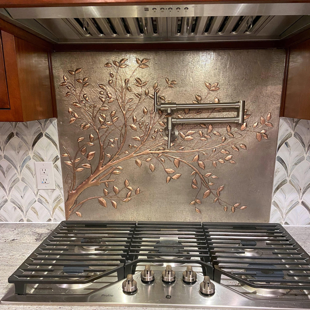 Silver Kitchen Backsplashes with Copper Details | Metal Backsplash ...