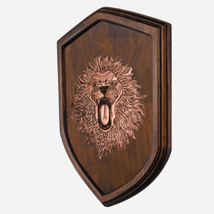 Copper Lion on Wood Plaque