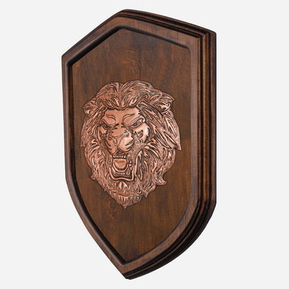 Copper Roaring Lion Head on Wood Plaque