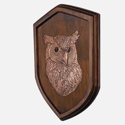 Copper Owl Head on Wood Plaque