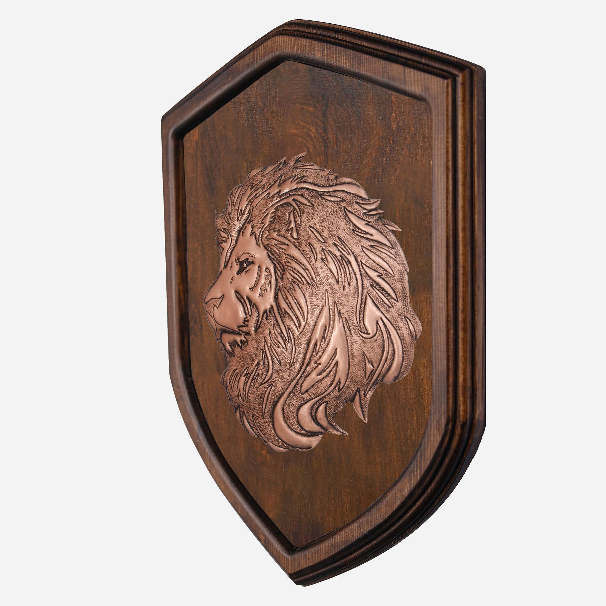 Copper Lion Head on Wood Plaque