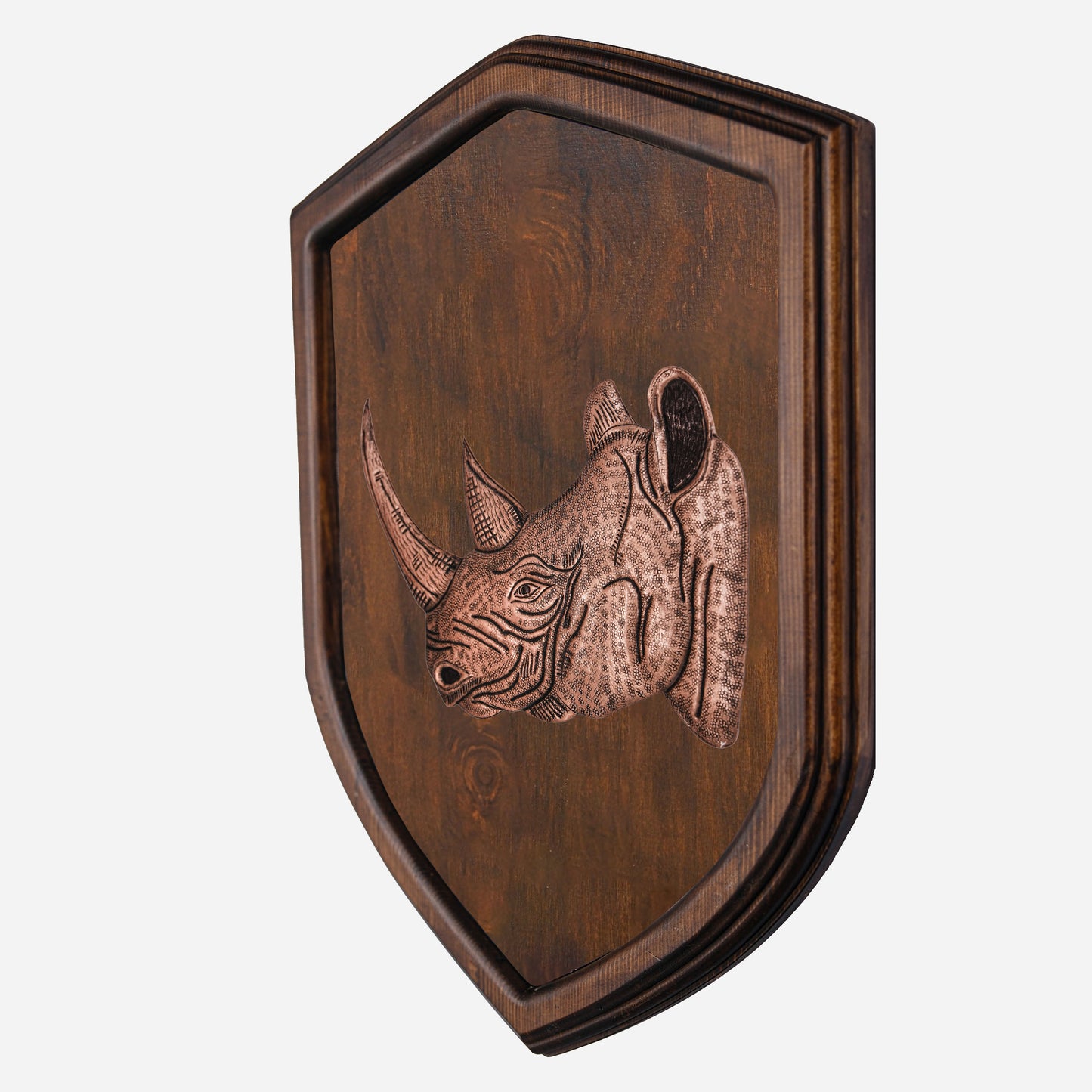 Copper Rhino Head on Wood Plaque