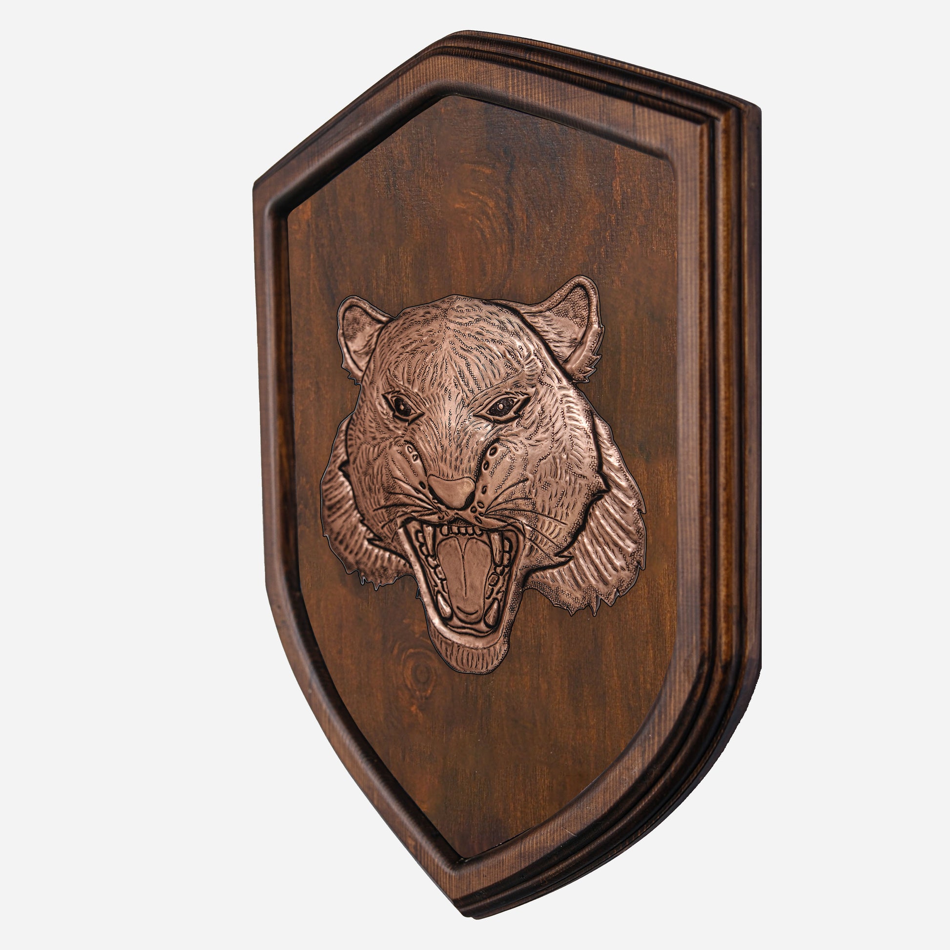 Copper Leopard Head on Wood Plaque
