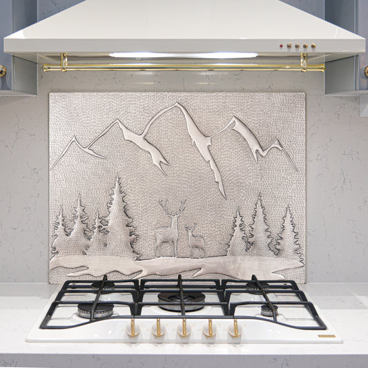 Copper Backsplash Panel (Mountain Behind the Deer in the Forest, Gray Color) - Natuross