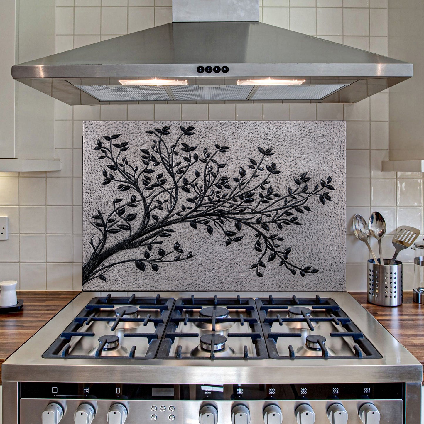 Gray & Black Copper Tree Branches Backsplash | Modern Copper Kitchen Backsplash Panel - Natuross