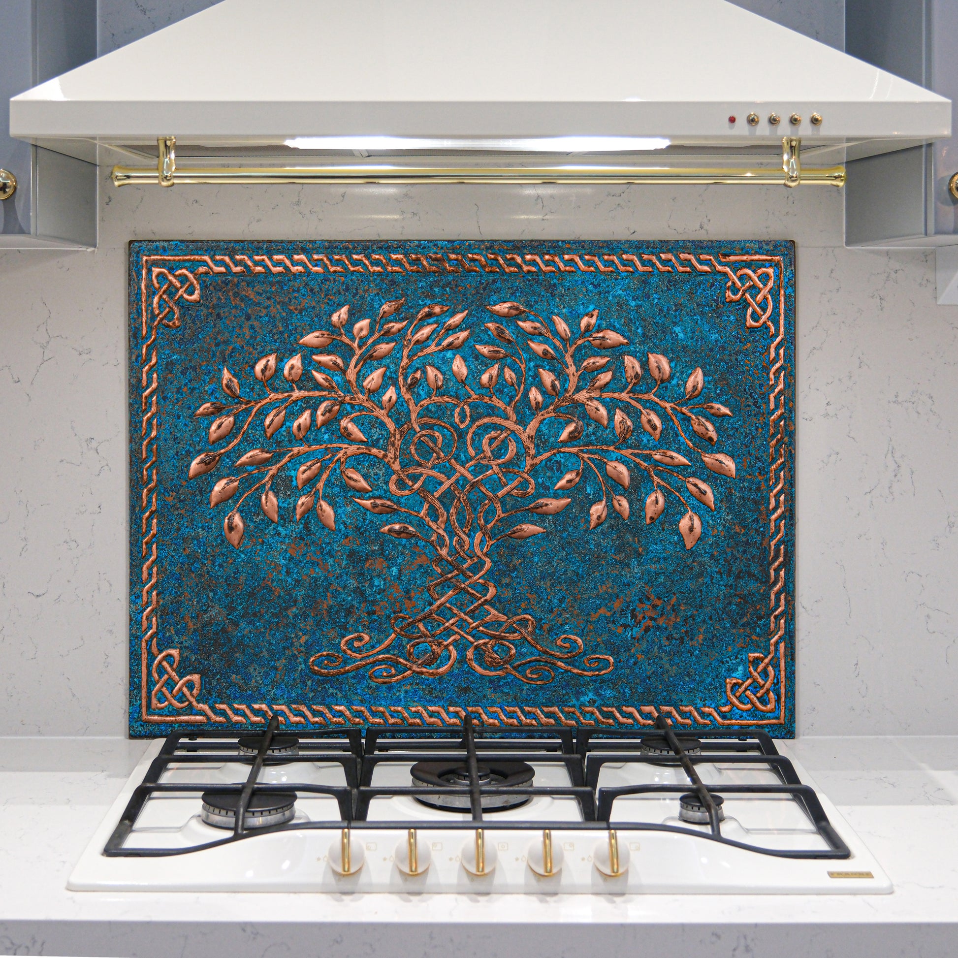 Copper Backsplash Panel (Celtic Tree of Life with Border, Blue Patina) - Natuross