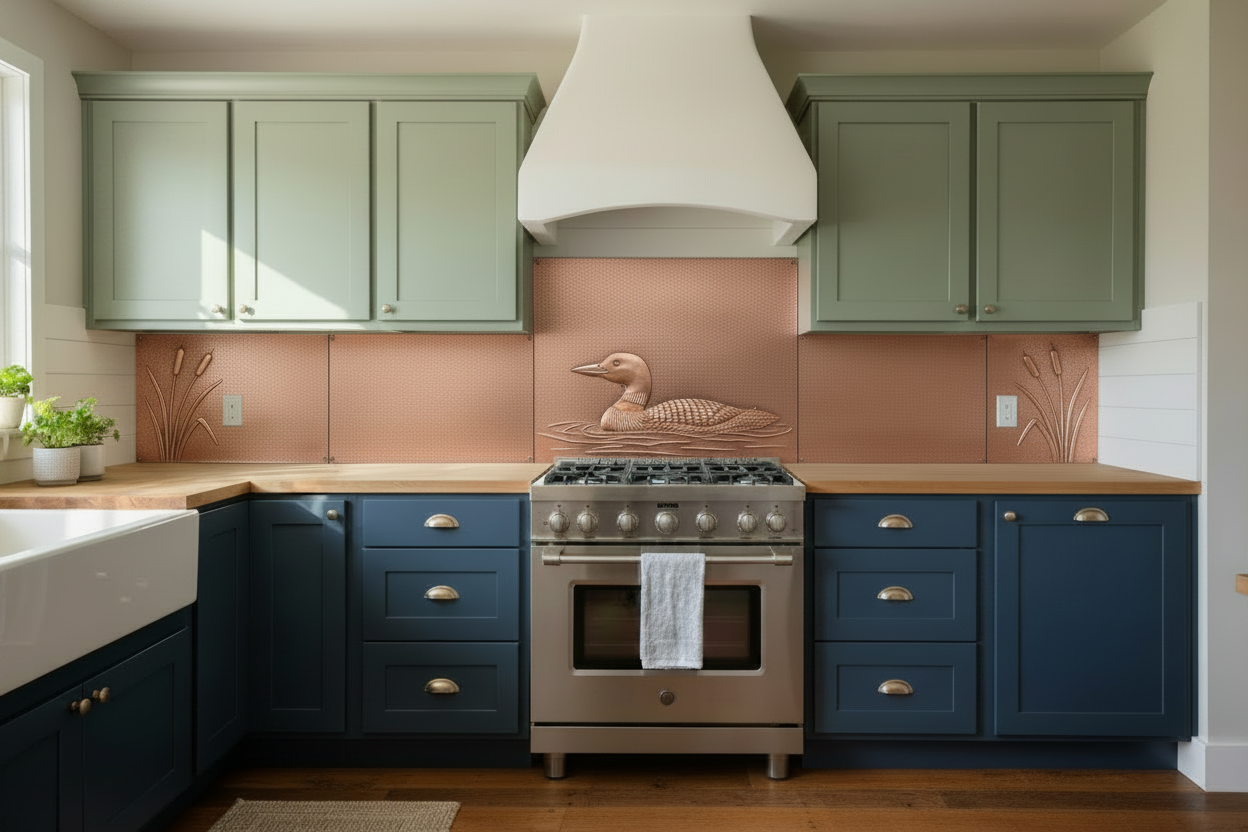 Copper freestanding range backsplash with loon on calm water center panel, cattail reed side panels, outlet cutouts, pure natural copper relief, lakehouse cottage kitchen