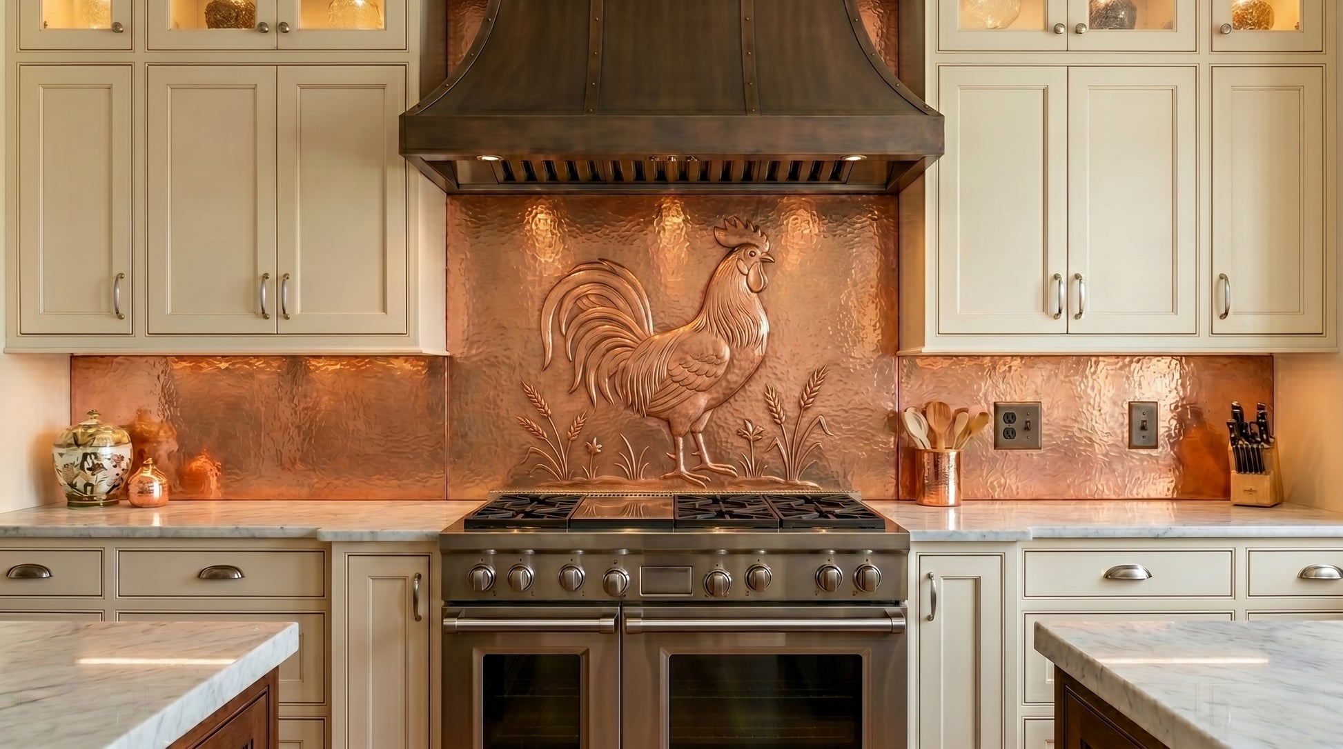Custom copper commercial-style range backsplash featuring a hand-hammered rooster design. Made to your exact size in 15 finishes. Real copper, handcrafted to order.