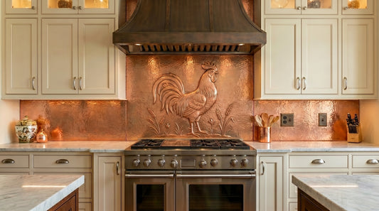 Custom copper commercial-style range backsplash featuring a hand-hammered rooster design. Made to your exact size in 15 finishes. Real copper, handcrafted to order.