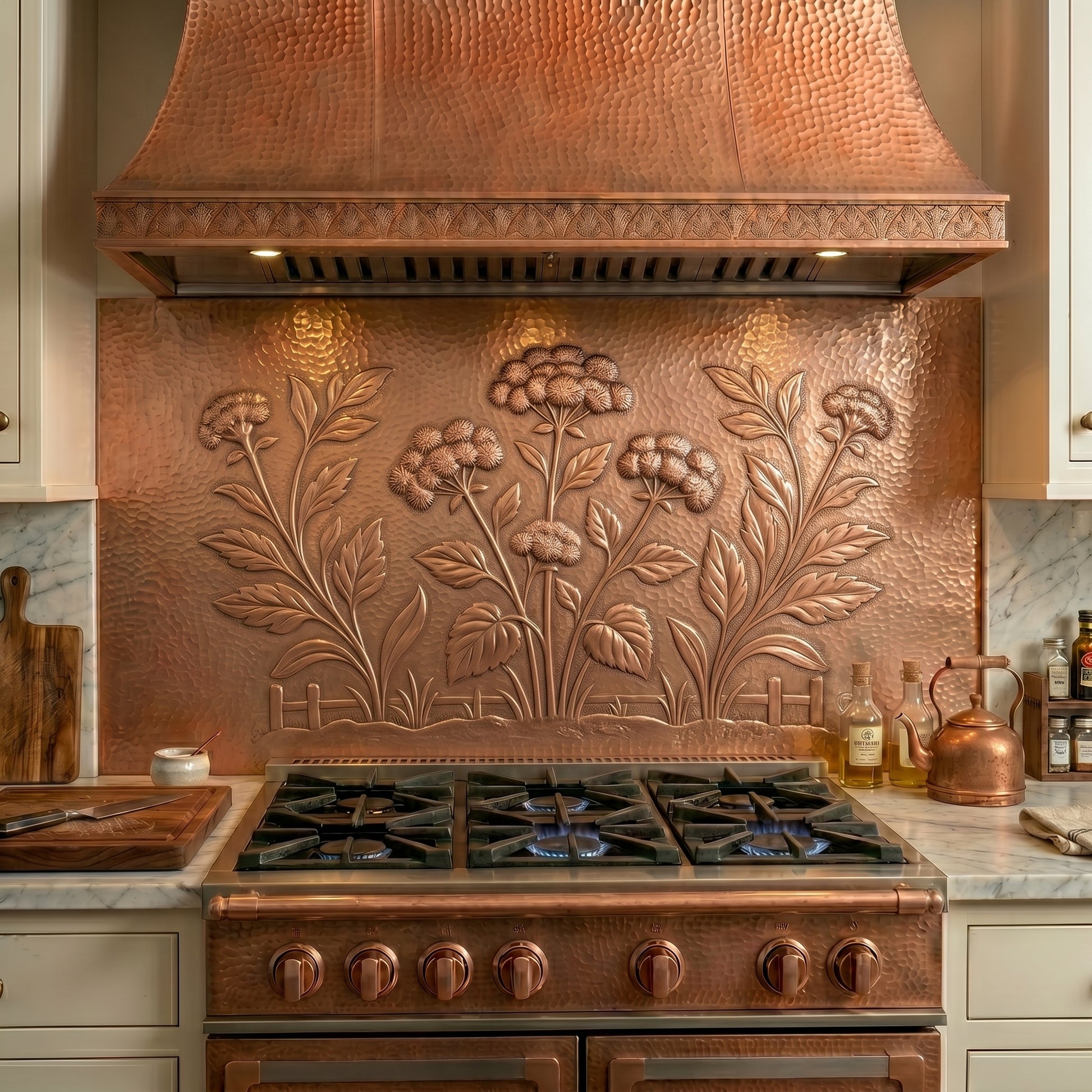 Handmade copper kitchen backsplash featuring a cottage garden scene with layered blooms, foliage, and botanical detail. Available as a custom copper stove backsplash panel or complete copper kitchen backsplash system in custom sizes and finishes.