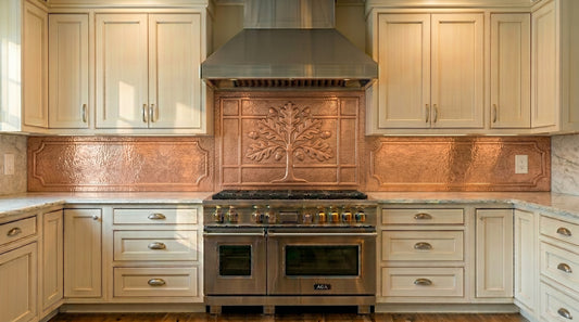 Custom copper dual fuel range backsplash featuring a hand-hammered oak tree design. Made to your exact size in 15 finishes. Real copper, handcrafted to order.