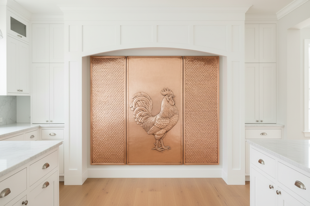 Three hand-hammered copper panels installed inside architectural plaster wall frame behind professional range — proud rooster in full profile repoussé relief on center panel, repeating feather scale texture on side panels, warm rose-gold copper, classic white shaker kitchen, marble countertops