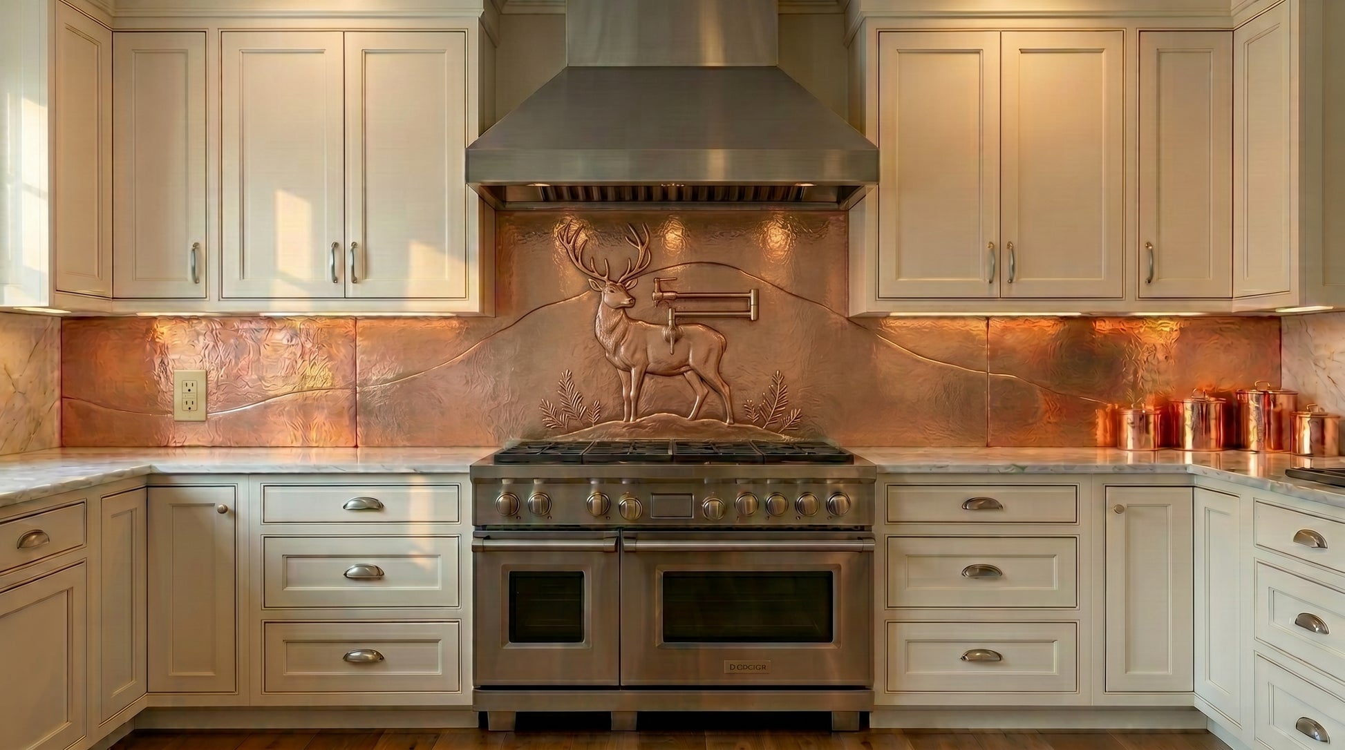 Handcrafted copper kitchen backsplash under range hood featuring a majestic deer standing before rolling hills in raised copper relief. Made from real copper and custom built to order for rustic, lodge, ranch, cabin, mountain, and luxury kitchens. Available in custom sizes and finishes.