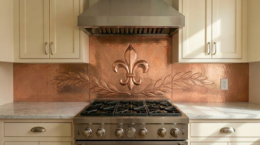 Handcrafted copper kitchen backsplash for cooking areas featuring a raised fleur-de-lis centerpiece and elegant olive branch relief. Custom copper backsplash made from real copper for French Country, Mediterranean, traditional, transitional, and luxury kitchens. Available in custom sizes and finishes.