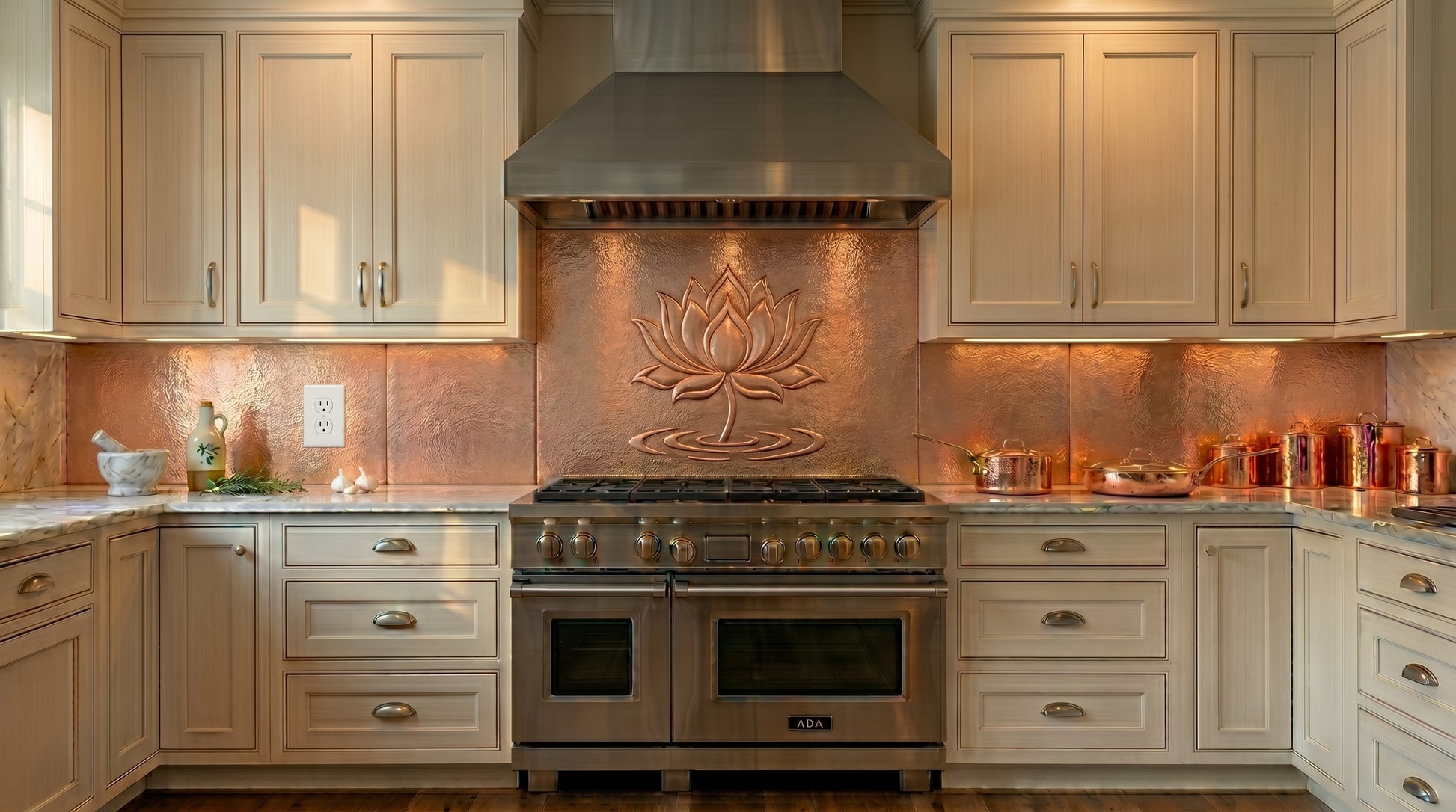 Custom copper large range backsplash featuring a hand-hammered lotus design. Made to your exact size in 15 finishes. Real copper, handcrafted to order.