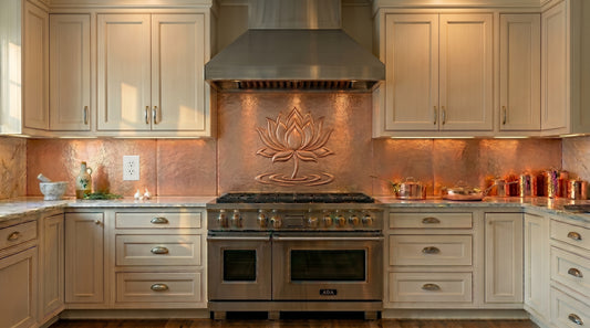 Custom copper large range backsplash featuring a hand-hammered lotus design. Made to your exact size in 15 finishes. Real copper, handcrafted to order.