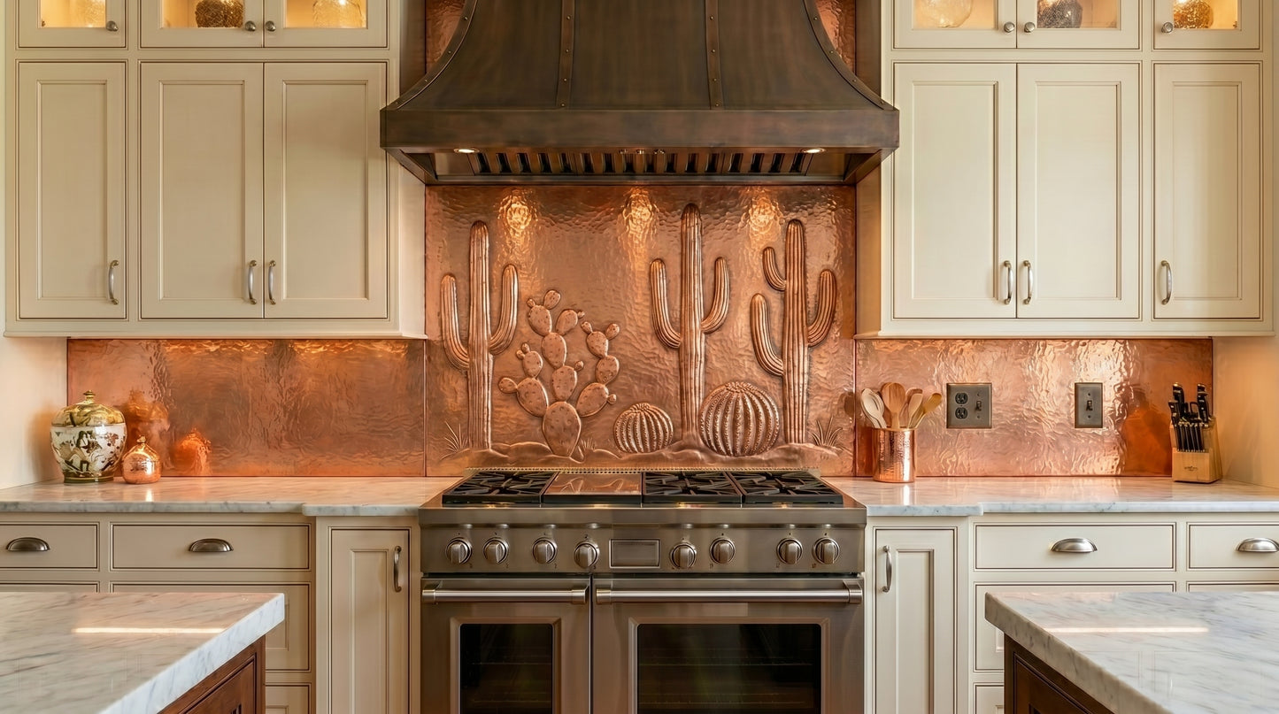 Custom copper professional range backsplash featuring a hand-hammered desert cactus design. Made to your exact size in 15 finishes. Real copper, handcrafted to order.