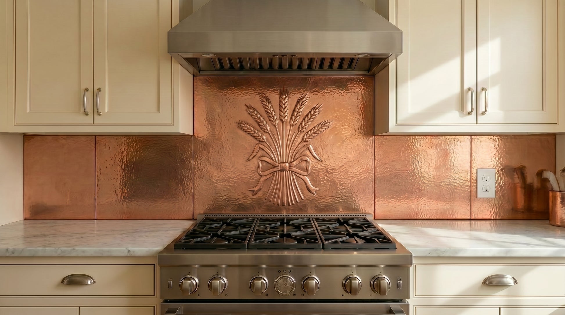 Handcrafted copper range backsplash featuring a wheat sheaf relief design. Made from real copper for stove and cooktop areas. Custom sizes and finishes available for complete copper kitchen backsplash installations.
