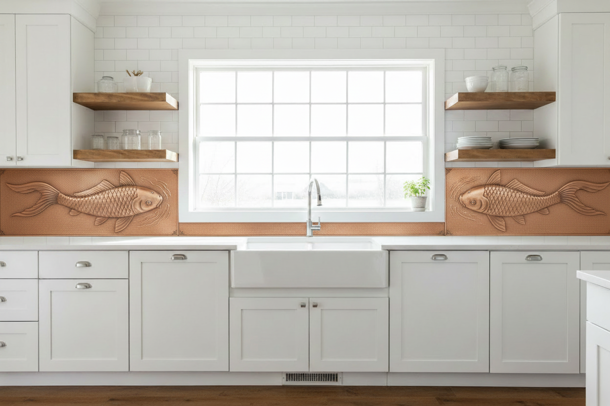 Three copper panels covering full sink wall in farmhouse kitchen — wide horizontal koi fish panel below window with two koi swimming in opposite directions in repoussé relief, wide side panels under cabinets each with single koi fish, warm natural copper tone, fine stipple background, white farmhouse apron sink, white shaker cabinets, wood open shelves