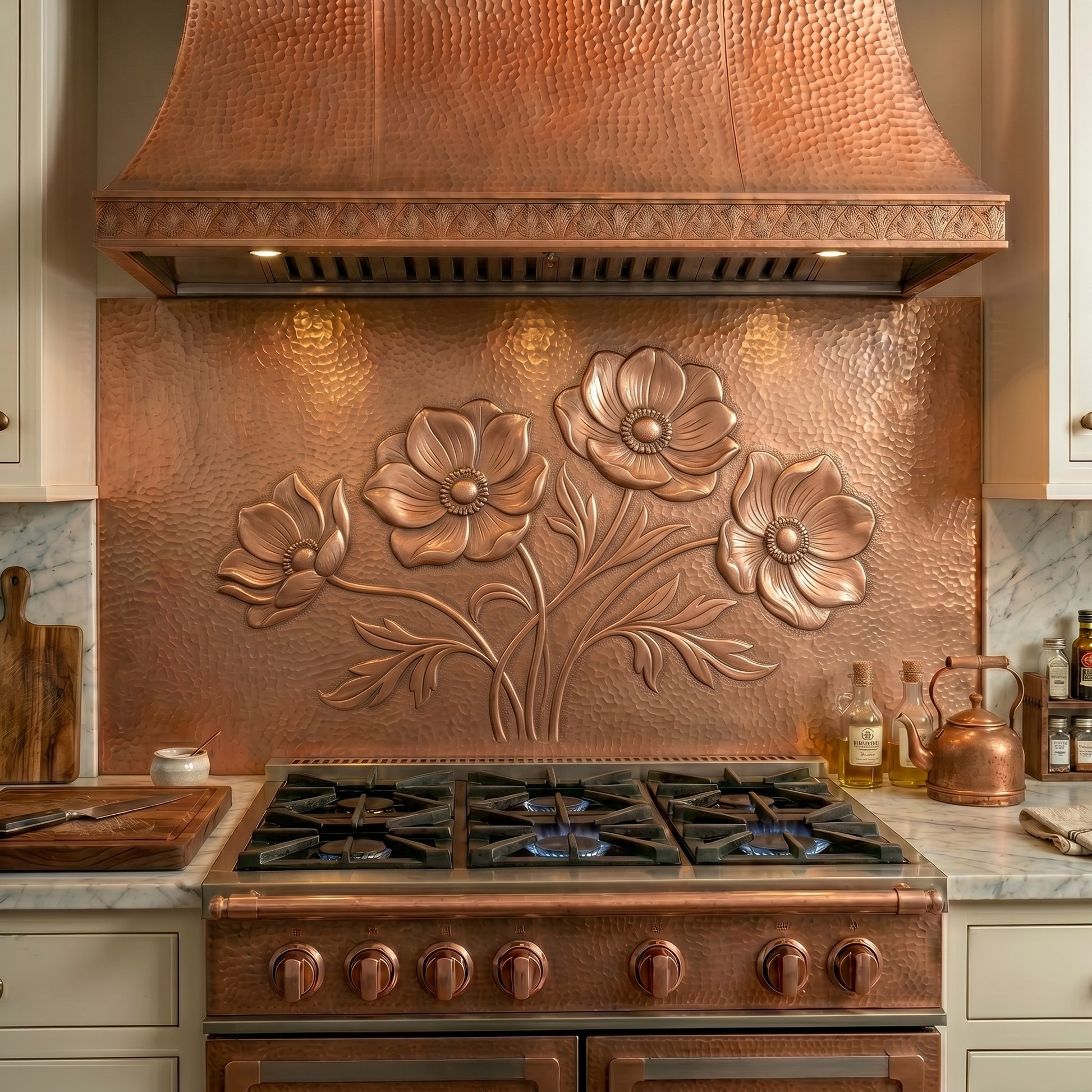 Handcrafted copper stove backsplash featuring elegant Anthurium flowers in repoussé copper. Order a single backsplash panel behind the stove or a complete custom copper kitchen backsplash with matching side panels beneath surrounding cabinets. Available in custom sizes, multiple finishes, and easy installation options.