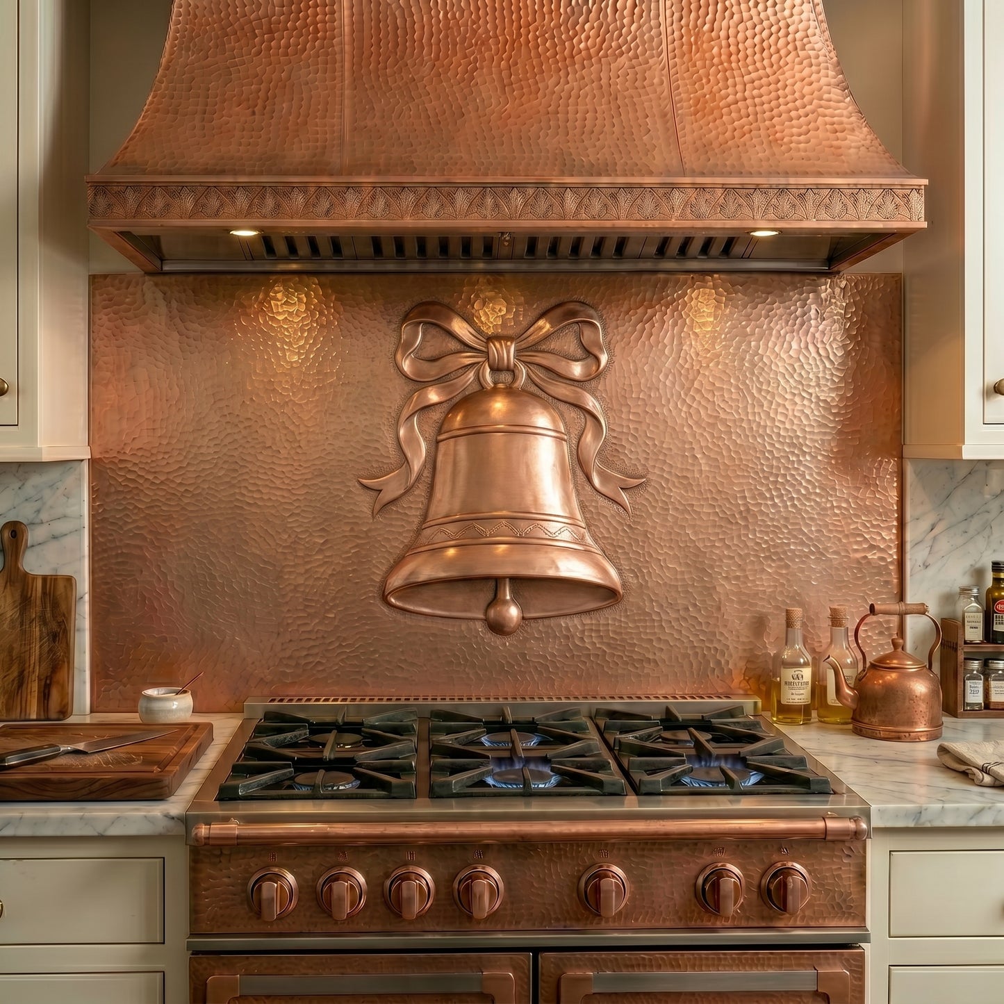 Handcrafted copper stove backsplash featuring a classic Christmas bell and decorative ribbon in repoussé copper. Order a single backsplash panel behind the stove or a complete custom copper kitchen backsplash with matching side panels beneath surrounding cabinets. Available in custom sizes, finishes, and installation options.