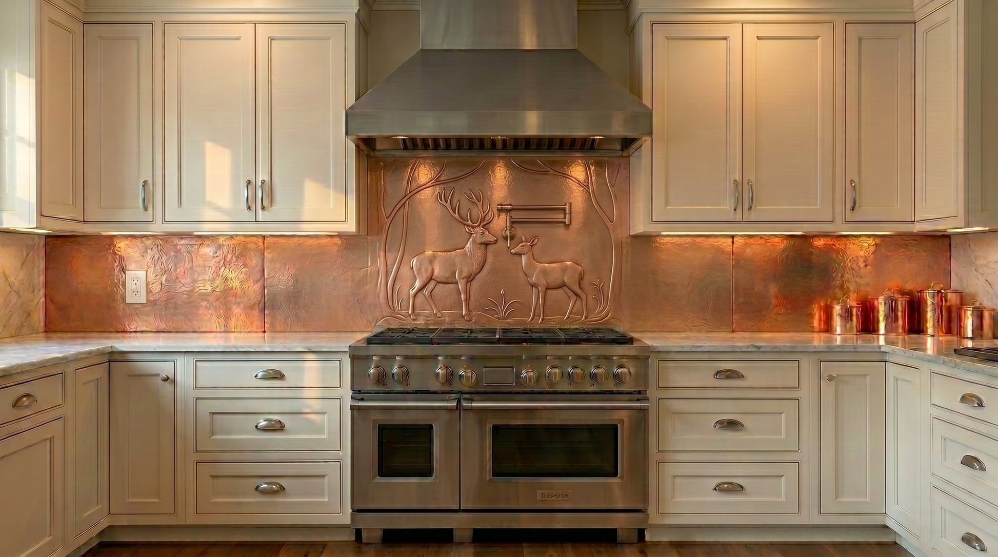 Handcrafted copper under-hood backsplash featuring a raised deer relief scene with stag and doe beneath decorative tree branches. Custom copper range hood backsplash panel made from real copper for rustic, lodge, cabin, ranch, and nature-inspired kitchens.