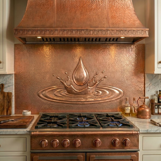 Handmade copper kitchen backsplash featuring a striking water droplet and ripple splash design. Crafted from real copper with custom sizes available for modern kitchens, contemporary homes, spa-inspired interiors, and feature walls.