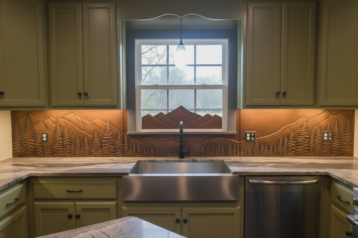 Handmade copper window wall backsplash featuring mountain and pine forest scenery. Real copper kitchen backsplash custom built around windows, outlets, and sink walls. Custom sizes and finishes available.