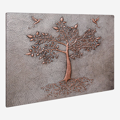 Copper Backsplash Panel (Tree with Roots, Hummingbirds, Silver&Copper Color)