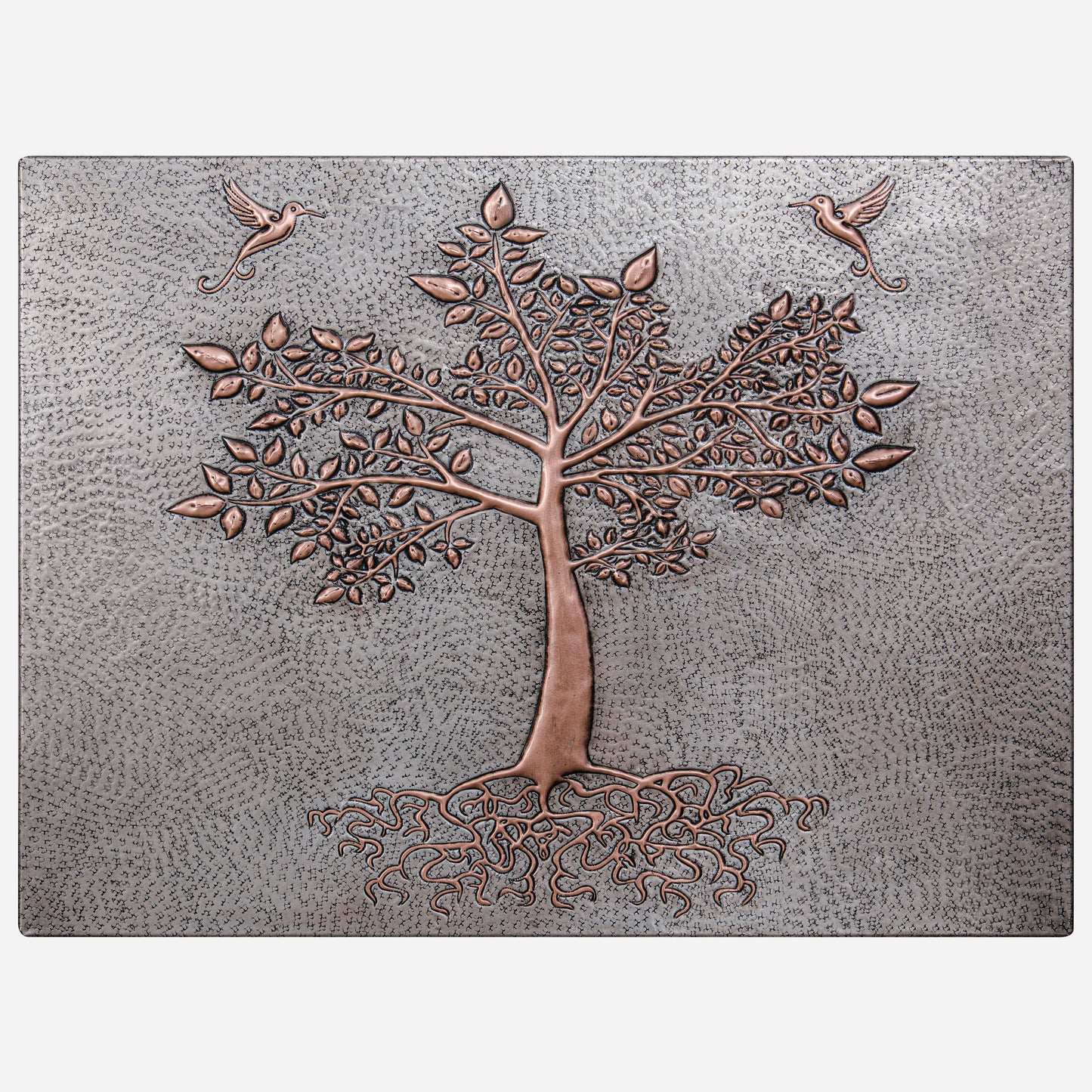Copper Backsplash Panel (Tree with Roots, Hummingbirds, Silver&Copper Color)
