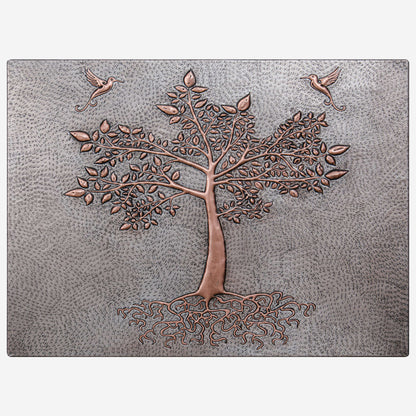 Copper Backsplash Panel (Tree with Roots, Hummingbirds, Silver&Copper Color)