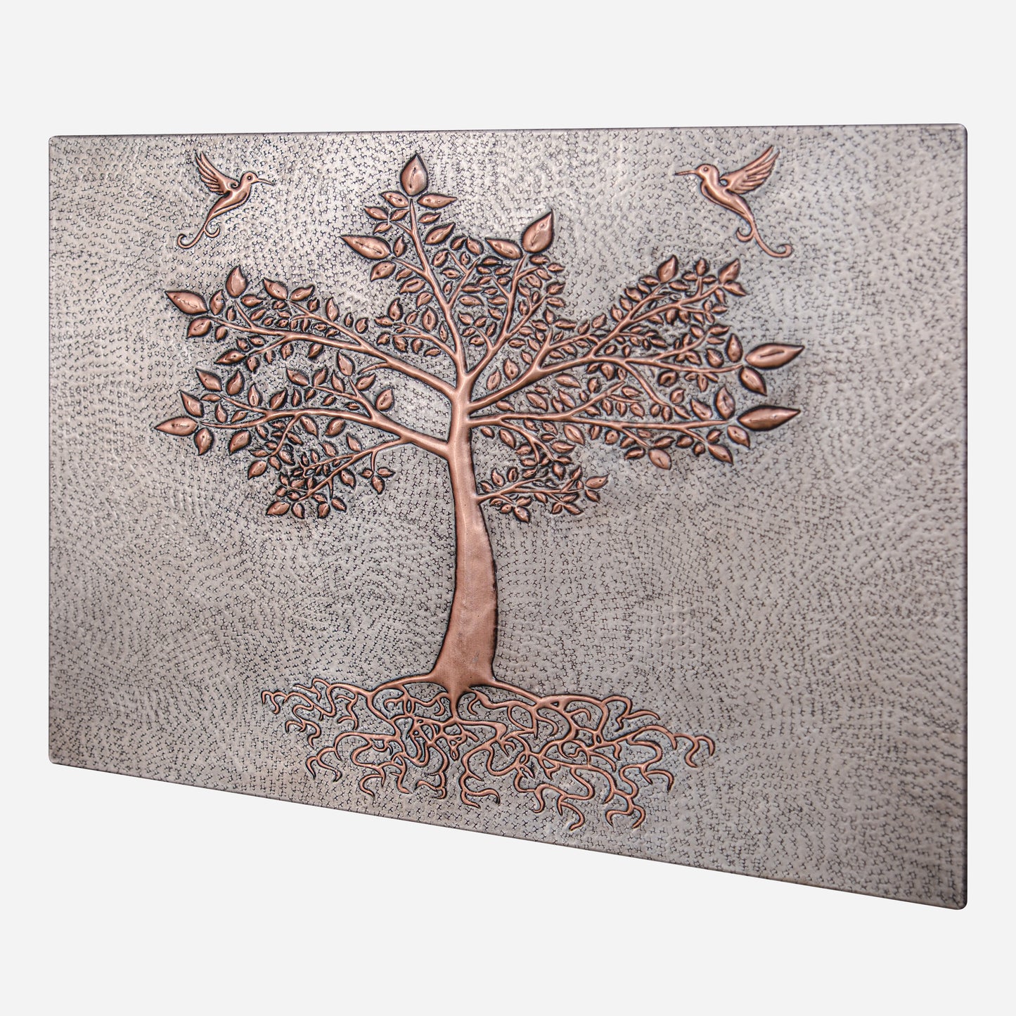 Copper Backsplash Panel (Tree with Roots, Hummingbirds, Silver&Copper Color)