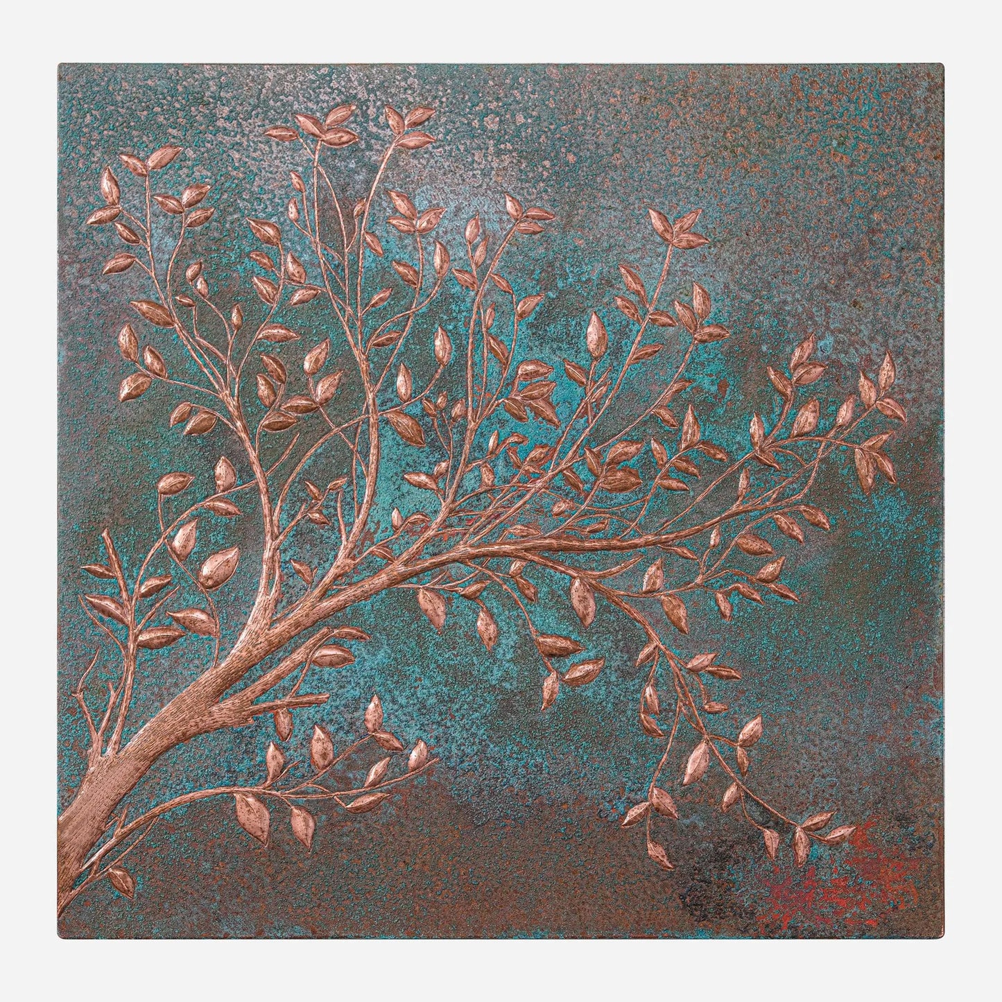 copper kitchen backsplash tile, tree branches, backsplash tile, green patina copper backsplash, tile mural, backsplash mural, copper tile, green tile, 