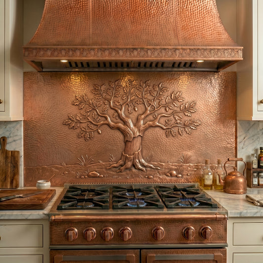 Handmade Cork Oak Tree copper kitchen backsplash featuring a majestic oak with acorns and textured bark. Crafted from real copper with custom sizes available for Mediterranean, vineyard, rustic, and nature-inspired kitchens.