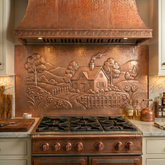 Handmade Country Cottage Style Copper Kitchen Backsplash featuring a charming cottage, gardens, flowers, and countryside landscape. Crafted from real copper with custom sizes available.