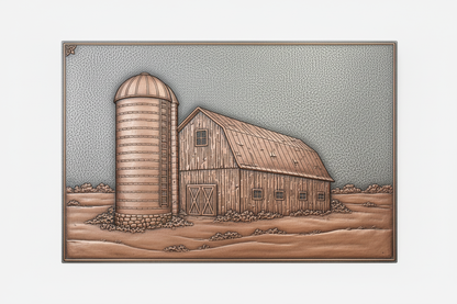 Handmade copper kitchen backsplash featuring a classic barn and grain silo landscape. Real copper farmhouse backsplash handcrafted by Natuross artisans, available in custom sizes and finishes for rustic, ranch, and country-inspired kitchens.