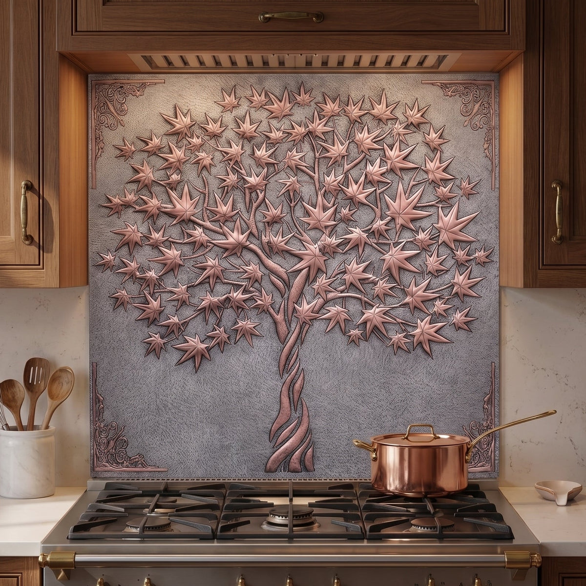 Japanese Maple Tree Copper Stove Backsplash