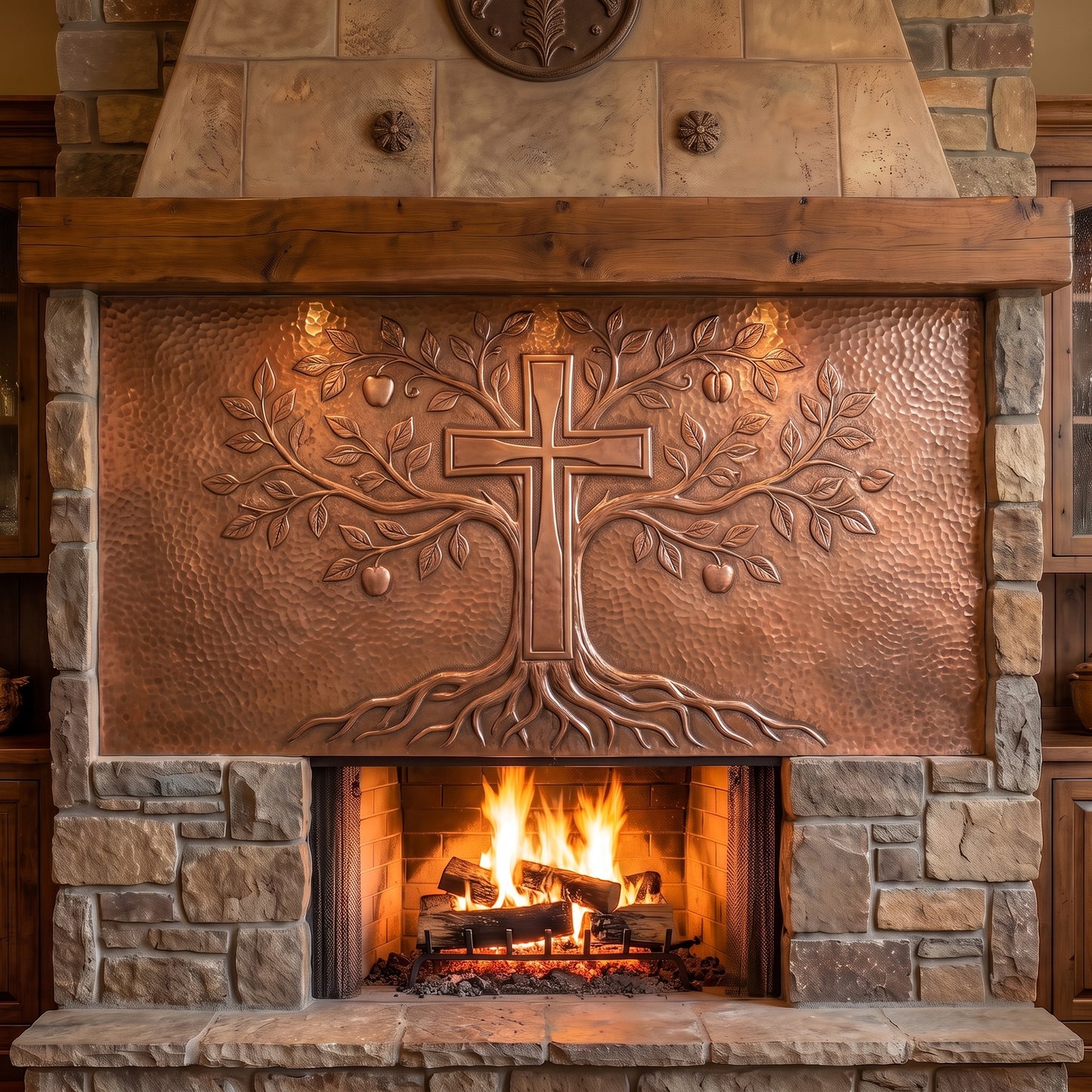 Hand-hammered Christian wall art made from real copper, featuring a large cross rising through a Tree of Life with spreading branches, detailed leaves, and exposed roots in raised copper relief on a textured hammered copper background.