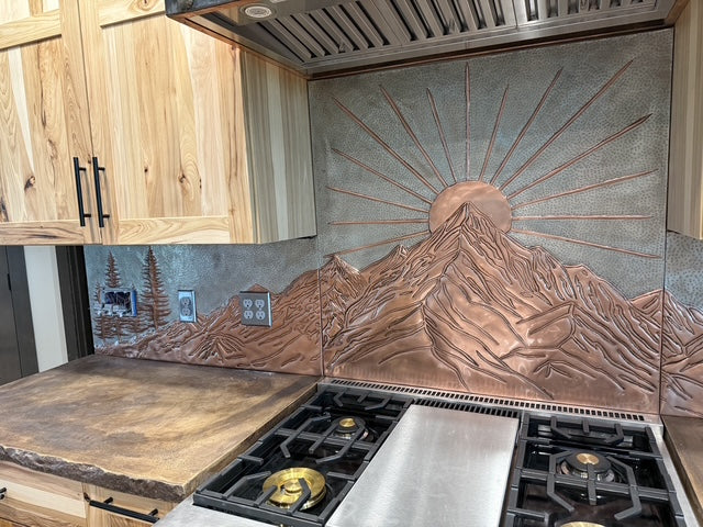 Mountain sunrise full-wall copper backsplash panels custom made to kitchen measurements