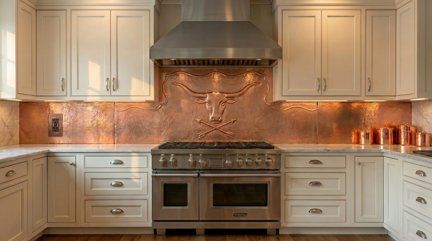 Custom size copper kitchen backsplash featuring a handcrafted longhorn ranch design. Made from real copper for stove walls, western kitchens, farmhouse homes, ranch houses, rustic interiors, and luxury country kitchens.