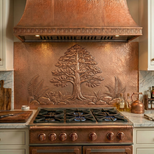 Handmade Dawn Redwood Tree copper kitchen backsplash featuring an ancient forest tree with detailed ferns and woodland elements. Crafted from real copper with custom sizes available for forest, lodge, cabin, and nature-inspired kitchens.