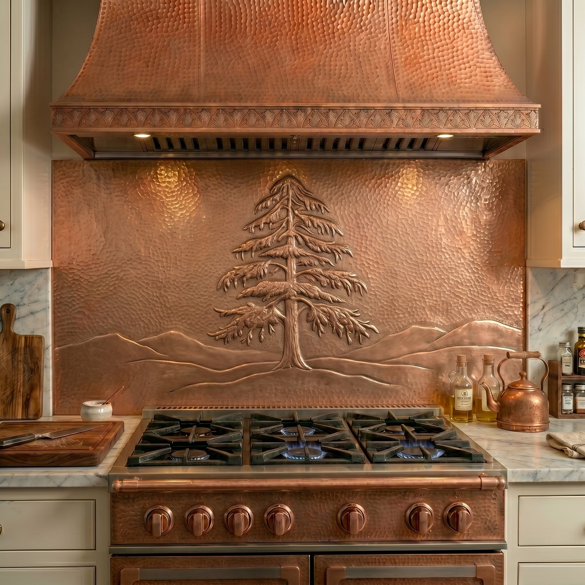 Handmade Deodar Cedar Tree copper kitchen backsplash featuring a majestic evergreen tree and mountain landscape. Crafted from real copper with custom sizes available for lodge, cabin, forest, and nature-inspired kitchens.